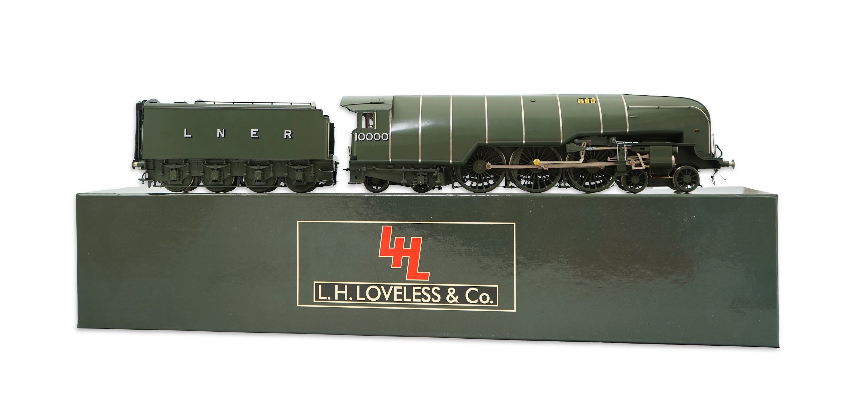 An 0 Gauge L.H. Loveless & Co. by F M Models, model of LNER Class W1 ‘Hush Hush’ 10000, 4-6-4 streamlined tender locomotive, powered for two rail operation, with original box.